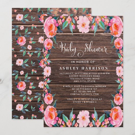 Rustige Waterverf Baby shower van houtroze flora Kaart (Voorkant / Achterkant)