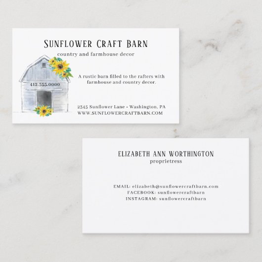 Rustige Waterverf Barn en zonnebloemen Land Visitekaartje (Voorkant / Achterkant)