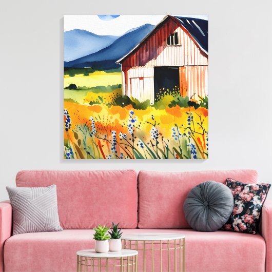 Rustige Waterverf Barn Flower Field Canvas Afdruk (Insitu (Woonkamer))
