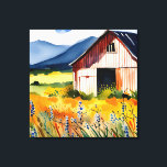 Rustige Waterverf Barn Flower Field Canvas Afdruk<br><div class="desc">Dit ontwerp is voorzien van een waterverf met een bijtende schuur en een bloemveld tegen blauwe bergen. Creëer door Simply Farmhouse Press.</div>