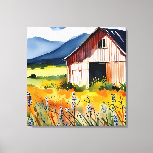 Rustige Waterverf Barn Flower Field Canvas Afdruk (Voorkant)