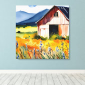 Rustige Waterverf Barn Flower Field Canvas Afdruk (Insitu (Houten vloer))