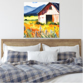 Rustige Waterverf Barn Flower Field Canvas Afdruk (Insitu (Slaapkamer))
