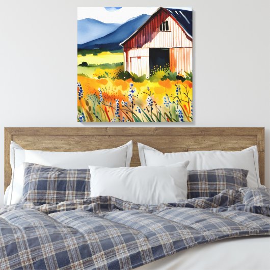Rustige Waterverf Barn Flower Field Canvas Afdruk (Insitu (Slaapkamer))