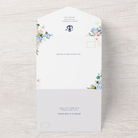 Rustige Waterverf Beach Nautical Floral Anchor All In One Uitnodiging (Buitenkant)