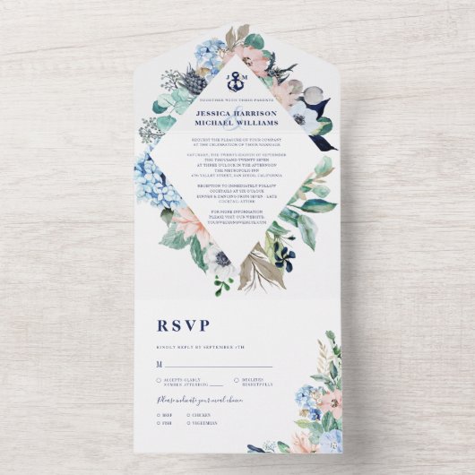 Rustige Waterverf Beach Nautical Floral Anchor All In One Uitnodiging (Binnen)