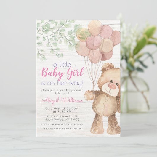 Rustige Waterverf Beer ballonnen - Girl Baby showe Kaart (Staand voorkant)