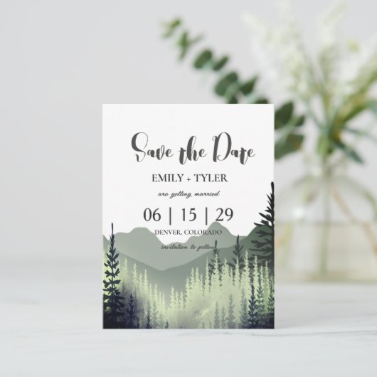 Rustige Waterverf Bergdenpine: houtbesparingsdatum Aankondigingskaart (Staand voorkant)