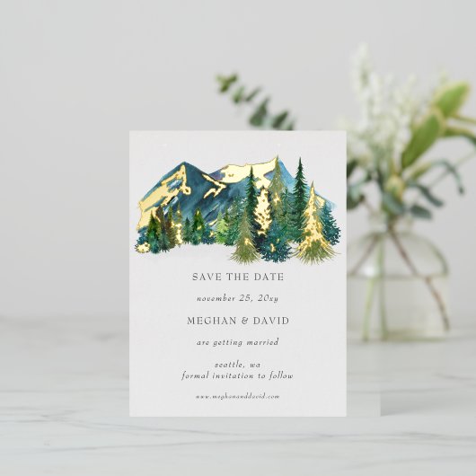 Rustige Waterverf bergen pine sparen de datum Folie Uitnodiging Briefkaart (Staand Voorkant)