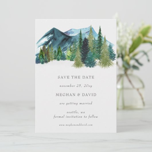Rustige Waterverf bergen pine sparen de datum Kaart (Staand voorkant)