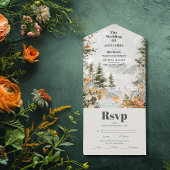 Rustige Waterverf bergen Pine Winter Wedding All In One Uitnodiging
