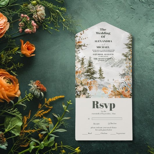 Rustige Waterverf bergen Pine Winter Wedding All In One Uitnodiging