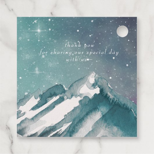 Rustige Waterverf bergen Pine Winter Wedding Bedankjes Labels (Achterkant)