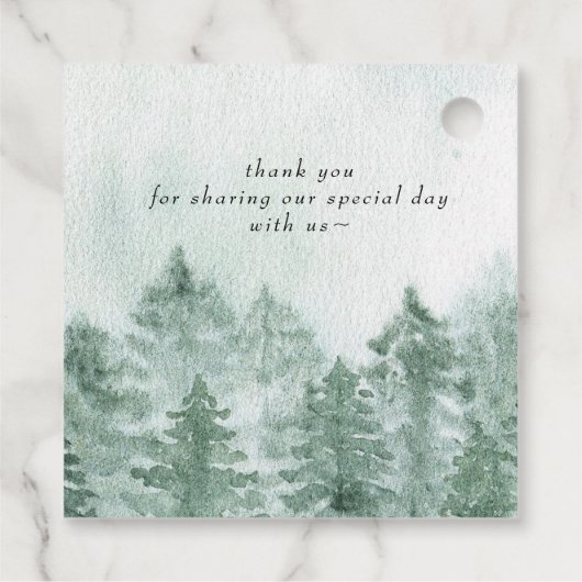 Rustige Waterverf bergen Pine Winter Wedding Bedankjes Labels (Achterkant)