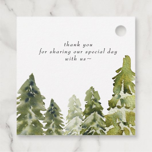 Rustige Waterverf bergen Pine Winter Wedding Bedankjes Labels (Achterkant)