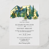Rustige Waterverf bergen Pine Winter Wedding Folie Uitnodiging (Voorkant)