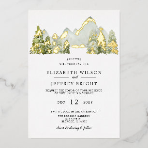 Rustige Waterverf bergen Pine Winter Wedding Folie Uitnodiging