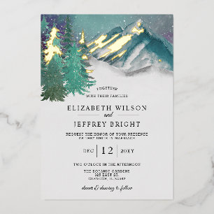 Rustige Waterverf bergen Pine Winter Wedding Folie Uitnodiging
