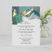Rustige Waterverf bergen Pine Winter Wedding Folie Uitnodiging (Staand Voorkant)