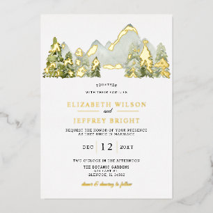 Rustige Waterverf bergen Pine Winter Wedding Folie Uitnodiging