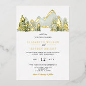Rustige Waterverf bergen Pine Winter Wedding Folie Uitnodiging (Voorkant)