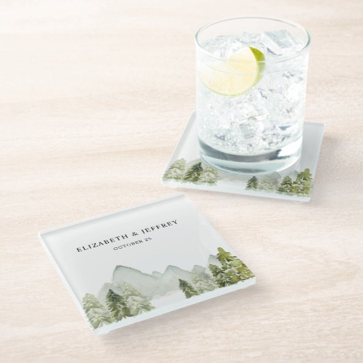 Rustige Waterverf bergen Pine Winter Wedding Glazen Onderzetter (Schuin)