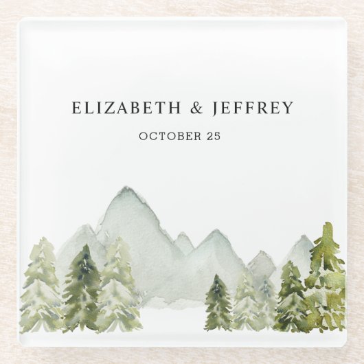 Rustige Waterverf bergen Pine Winter Wedding Glazen Onderzetter (Voorkant)