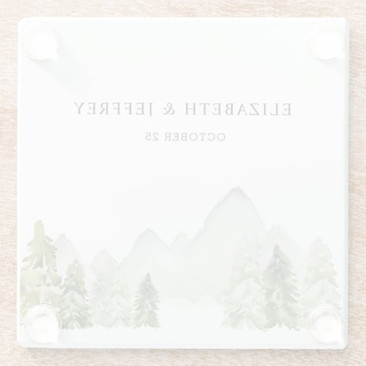 Rustige Waterverf bergen Pine Winter Wedding Glazen Onderzetter (Achterkant)