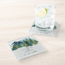 Rustige Waterverf bergen Pine Winter Wedding Glazen Onderzetter
