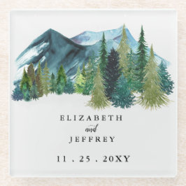 Rustige Waterverf bergen Pine Winter Wedding Glazen Onderzetter