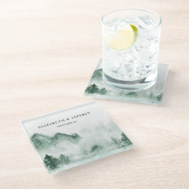 Rustige Waterverf bergen Pine Winter Wedding Glazen Onderzetter