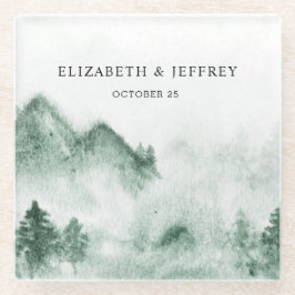 Rustige Waterverf bergen Pine Winter Wedding Glazen Onderzetter