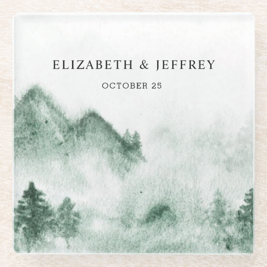 Rustige Waterverf bergen Pine Winter Wedding Glazen Onderzetter (Voorkant)