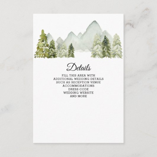 Rustige Waterverf bergen Pine Winter Wedding Informatiekaartje (Voorkant)