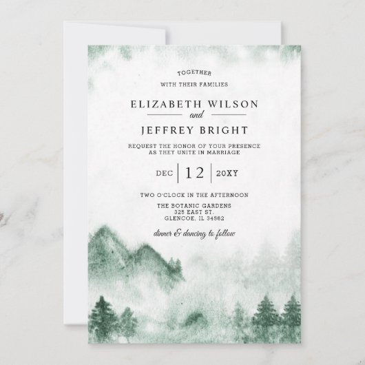 Rustige Waterverf bergen Pine Winter Wedding Kaart (Voorkant)