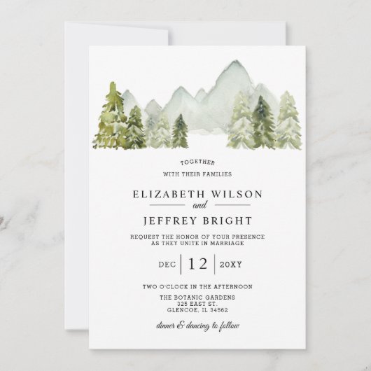 Rustige Waterverf bergen Pine Winter Wedding Kaart (Voorkant)