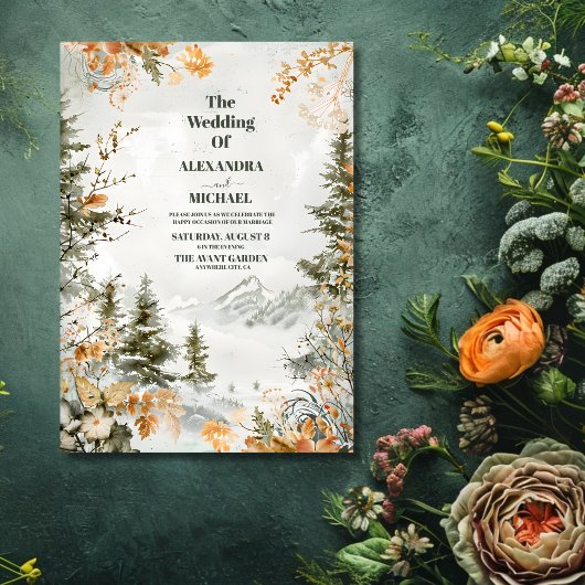 Rustige Waterverf bergen Pine Winter Wedding Kaart
