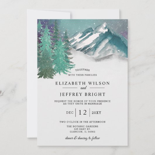 Rustige Waterverf bergen Pine Winter Wedding Kaart (Voorkant)