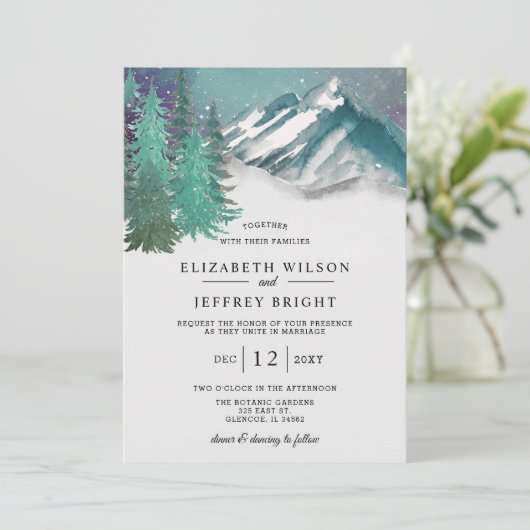 Rustige Waterverf bergen Pine Winter Wedding Kaart (Staand voorkant)