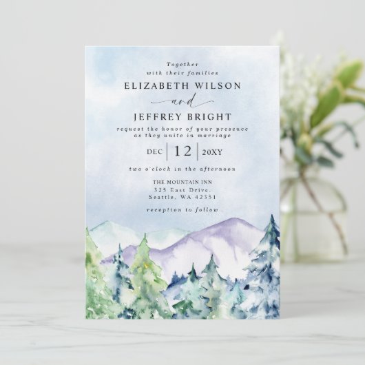 Rustige Waterverf bergen Pine Winter Wedding Kaart (Staand voorkant)