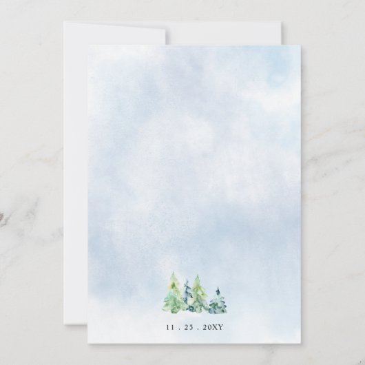 Rustige Waterverf bergen Pine Winter Wedding Kaart (Achterkant)