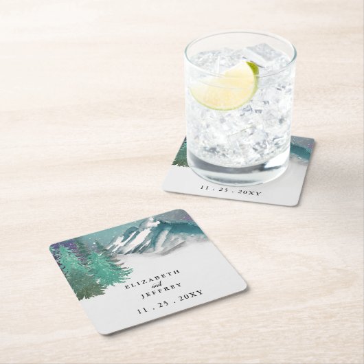Rustige Waterverf bergen Pine Winter Wedding Kartonnen Onderzetters (Insitu)