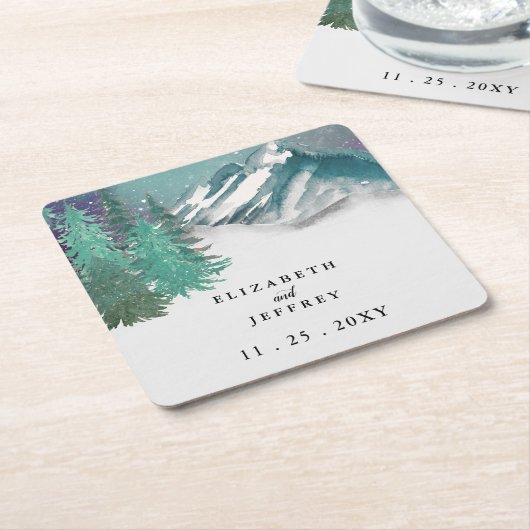 Rustige Waterverf bergen Pine Winter Wedding Kartonnen Onderzetters (Schuin)