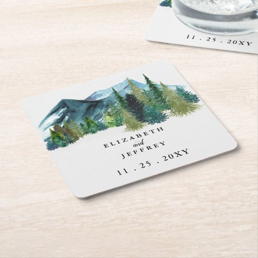 Rustige Waterverf bergen Pine Winter Wedding Kartonnen Onderzetters (Schuin)