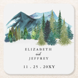 Rustige Waterverf bergen Pine Winter Wedding Kartonnen Onderzetters