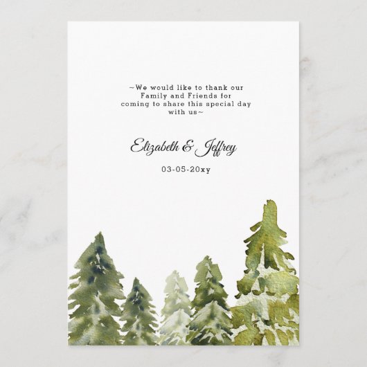 Rustige Waterverf bergen Pine Winter Wedding Menu (Achterkant)