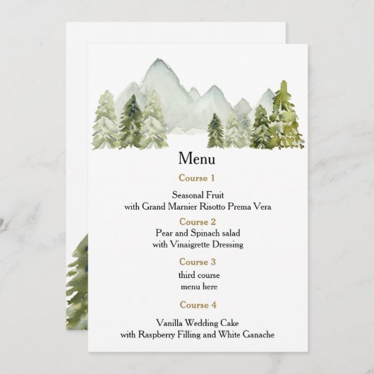 Rustige Waterverf bergen Pine Winter Wedding Menu (Voorkant / Achterkant)