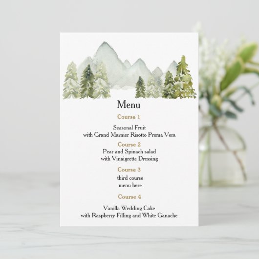 Rustige Waterverf bergen Pine Winter Wedding Menu (Staand voorkant)