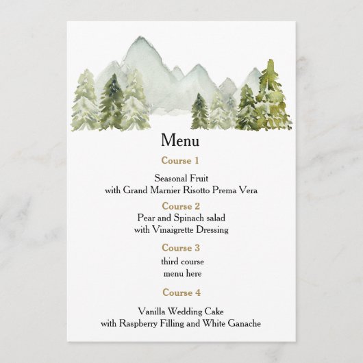 Rustige Waterverf bergen Pine Winter Wedding Menu (Voorkant)