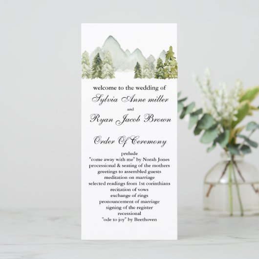 Rustige Waterverf bergen Pine Winter Wedding Programmakaart (Staand voorkant)